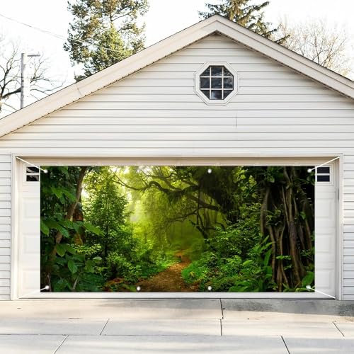 Leyiyi 1,8 x 4 m Dschungelwald-Garagentor-Banner mit Ösen, immergrüner Wald, Dschungel, Regenwald, alte Bäume, natürliche Landschaft, Wand, Tür, Banner, Abdeckung, Outdoor, Camping,