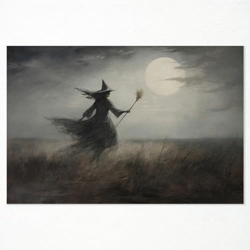 ogyormpi Vintage-Halloween-Wandkunst, viktorianische Ashland-Hexe im Mondschein-Wiesen-Poster, gruseliger Halloween-Vollmond, Nachthimmel, gruselige Hexen-Silhouette, Bilder, 40,6 x 61 cm, ungerahmt
