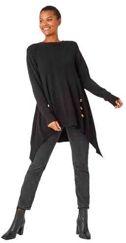 Roman Originals Buttoned Side Hanky Hem Jumper for Women UK - Ladies Everyday Autumn Winter Crew Neckline Comfy Soft Evening Vacation Work Party Night Out - Black - Size 18