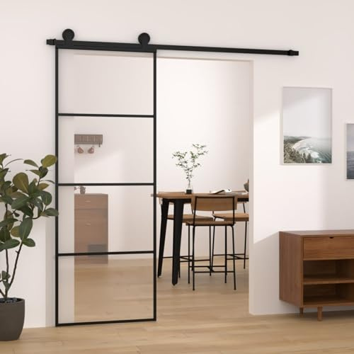 IKAYAA Puerta Corredera de Cristal con Set Herrajes Accesorio Herramienta Puerta Corredera de Aluminio y Vidrio 76 x 205 cm Puertas Interior Cristal para Sala de Estar Salón Habitación Negro