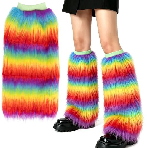 Biiange Rainbow Furry Leg Warmers, Rainbow Furry Fluffy Leg Warmers (1Pair)