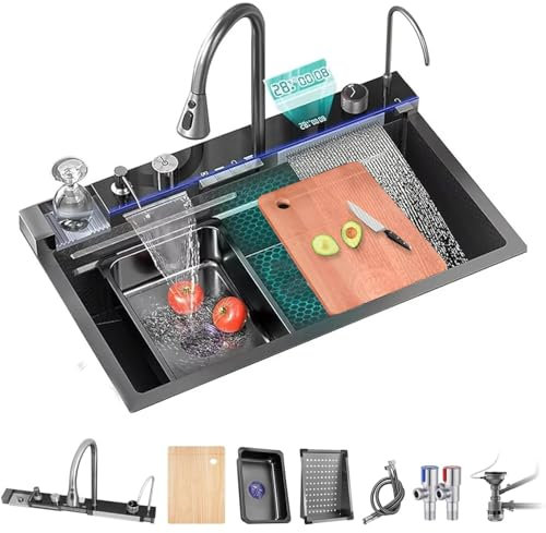 Évier à Cascade Numérique, Évier De Cuisine Cascade, Evier Cuisine Multifonction, Lavabo Cuisine, Éviers De Cuisine En Acier Inoxydable 304 Avec Robinetterie Extractible (noir, 80 × 45 × 22 cm)