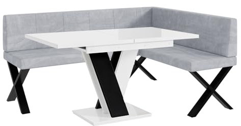 MEBLINI Eckbank für Esszimmer mit ausziehbarem Tisch - Küchenbank - Essecke - Sitzecke Küche - Peter - X-Beine 128x168x87cm Rechts - Hellgrau Samt/M Weiß-Schwarz Hochgl.