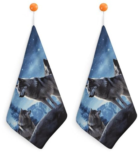 ZLFDSKGY 2 x 30 cm große Weihnachtstücher mit Wolfs-Motiv, bedruckte Badetücher mit Aufhängeschlaufe, Gesichtstücher, Strandtücher, Handtücher, saugfähige Handtücher für Badezimmer