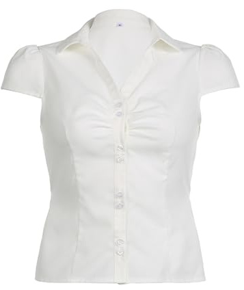 Women's Basic Button Down Shirts Cap Sleeve Lapel Collar Tight Blouse Tie Up Back Slim Fit Tops Summer Office Shirt