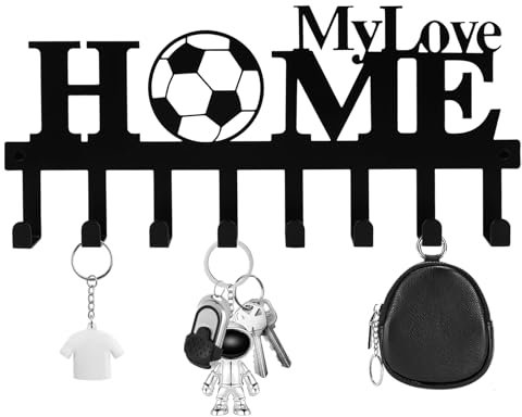 Lvjkes Schlüsselhalter, Schlüsselkasten Aus Metall, Schwarz Multifunktionaler Schlüsselhalter zur Wandmontage, Mit 8 Schlüsselhaken für Schlafzimmer, Eingänge, Garagen (HOME/Fußball)