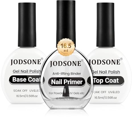 JODSONE 3 Stück 16,5 ml Top Coat und Base Coat Set mit Nagel Primer No Wipe Top Coat Basis benötigt UV Lampe, um den Nagel Primer zu härten.