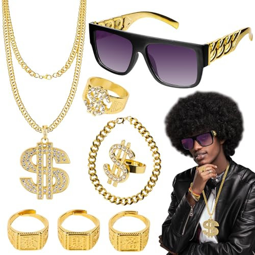 8 Stück Zuhälter Kostüm goldkette fasching Kostüm Accessories 80er 90er Jahre Outfit hip hop kostüm Herren mit goldener Sonnenbrille, Halskette, Armband und 5 goldener Ringen für Karneval Mottoparty