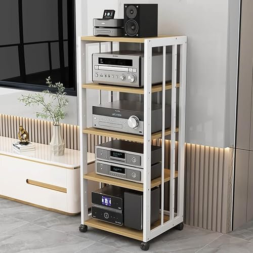WJFTODAY Rack de Audio y Video, Soporte para Medios audiovisuales, Torre de Rack de audioil, Estructura de Acero Estable, para Reproductor de DVD, proyector, Accesorios de TV (Blanco y Natural, 5 Ti)