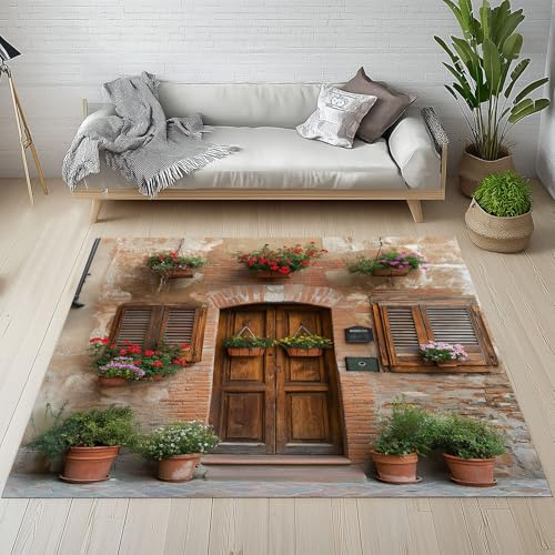 Dpvbffx Italien Toskana Fußmatte 60x90 cm | Mediterrane Dorf Scenery Teppich Klein Rutschfest, Stadt Landschaft Waschbarer Teppich Kurzflor Weich, Teppiche Gegend
