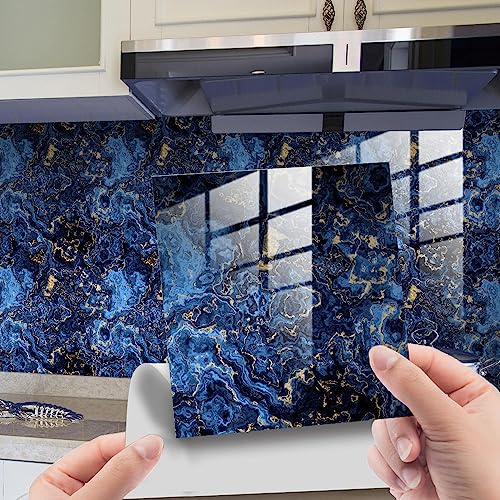 Hixingo 20 Stück Fliesenaufkleber Bad Fliesenfolie Bad Retro Marmor PVC Fliesensticker Fliesen Selbstklebend, Wasserfest Flisenkleibenfolien Klebefliesen Küche (Blau,15x15cm)