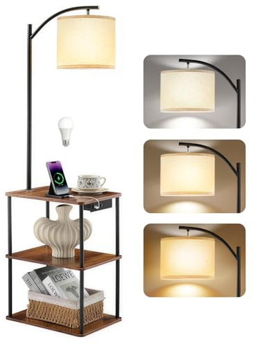 Wio-Mio Stehlampe mit Beistelltisch und Ablagen, LED-Stehlampe mit USB-A- & Type-C-Ladeanschlüssen, 3 Farbtemperaturen 9W Leuchtmittel, Stofflampenschirm für Wohnzimmer Schlafzimmer