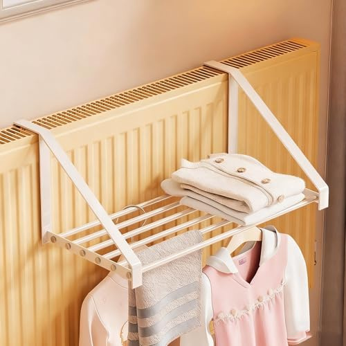 JCSRYD Wäscheständer für Heizkörper, Heizung Ablage, Kompakter Wäscheständer, Kleiderbügel für Heizkörper, Zum Aufhängen an Fensterrahmen und Geländern(White,60 * 30cm/24 * 12in)