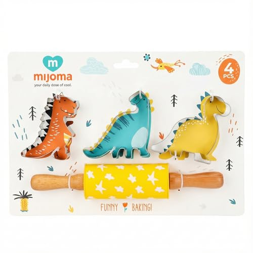 MIJOMA Set da forno 4 pezzi con mattarello e formine per biscotti – Set di accessori da forno per bambini in silicone e acciaio inox – Mini mattarello e formine per biscotti (Dino (giallo)