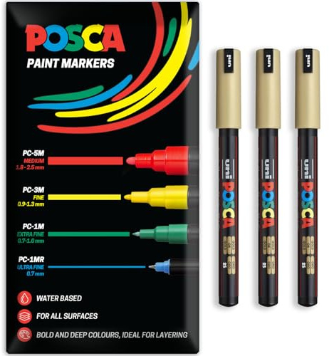 Posca Water Based Acrylic Paint Marker Pens | Multi Surface Use Permanent Paint Pen | Pack of 3 Pens in Envelope Gift Packaging | Glass, Fabric, Canvas, Wood etc | PC-1MR, Gold