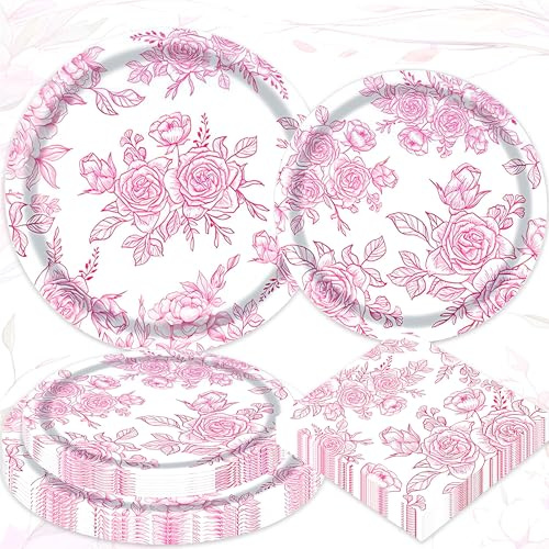 Pink Floral Paper Plates Napkins Pink Toile Chinoiserie Party Supplies | Tea Party Supplies for Birthday Wedding Bridal Shower 20 Guests