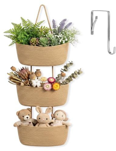 Luhuuxmu 3-stöckiger Hängekorb Wandbehang Baumwollkörbe, Boho Geflochten Wandkorb Aufbewahrungskorb 3 Etagen Hängekorb platzsparender Wand- Türkorb für Badezimmer Kinderzimmer Küche, khakifarben