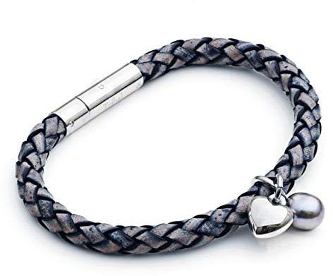 Tribal Steel Plaited Leather Bracelet with Rocker Clasp and Heart & Pearl Charms