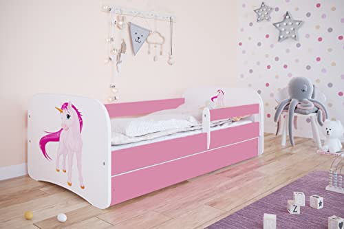 Bjird Kinderbett Jugendbett 70x140 80x160 80x180 Rosa mit Rausfallschutz Schublade und Lattenrost Kinderbetten für Mädchen - Einhorn 160 cm