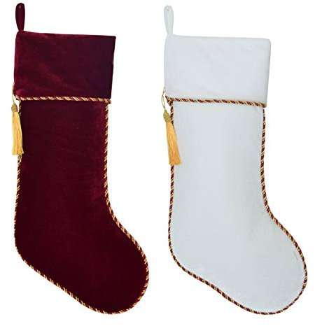 Gireshome Vintage Set mit 2 Stück, Burgunderrot und Weiß, SAMT mit Quaste, Dekoration, Weihnachtsstrumpf, 25,4 x 45,7 cm