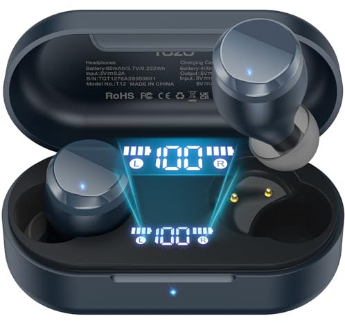TOZO T12 Mini Auriculares Bluetooth Inalámbricos, 55H Auriculares Inalámbricos Reducción de Ruido con LED Digital, IPX8 EQ Personalizado por Aplicación (Azul)