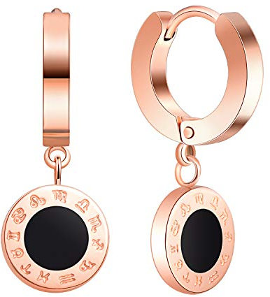 Feilok Damen Ohrstecker Damen-Ohrringe mit rund Anhänger Sternbild Zeichen Schwarz Roségold Gestüt Creolen Stecker Edelstahl für Herren Damen