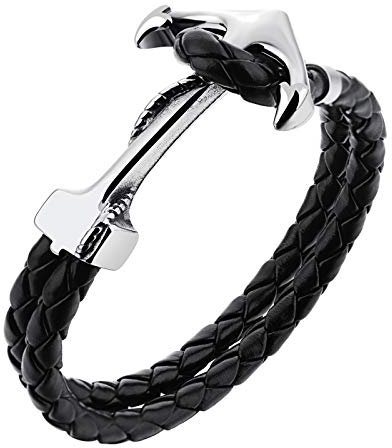 MENDOZZA Herren Anker Armband Leder Edelstahl Schwarz Silber (Edelstahl (Silber), 21)