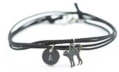 KLAPPERGLAS Armband Katze mit Gravur Buchstabe, Schwarz, Personalisiert | Haustier Cat Motiv