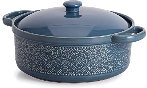 FUN ELEMENTS Lace Emboss Casserole Dish with Lid, 2 Quart Oven to Table Ceramic Round Serving Dish with Handles for Dinner and Party, Thanksgiving Christmas Gifts(Grayish Blue)