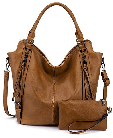 Realer Damen Handtaschen Groß Shopper Lederhandtasche Schultertasche Umhängetasche Geldbörse Hobo Damen Taschen Set für Büro Schule Einkauf Reise 2pcs Hellbraun
