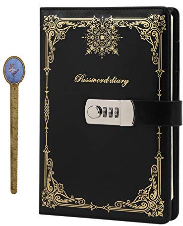 JIAHG Notizbuch Tagebuch mit Passwort PU Leder Notebook Diary Book mit Schloss DIN A5 Notizblock Journal Reisetagebuch mit Zahlenschloss