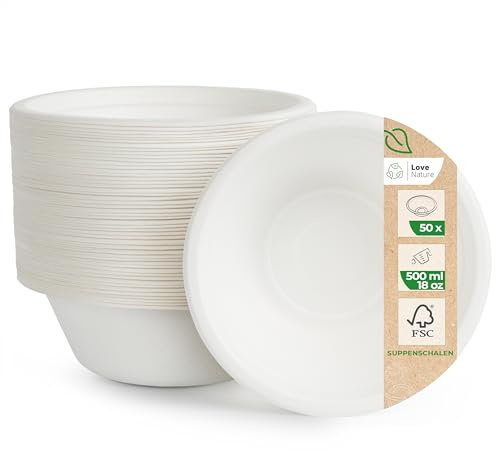 Love Nature Cuenco biodegradable desechable con tapa, 50 unidades 500ml, color blanco, para fiestas, desechable para alimentos calientes o fríos, respetuoso con el medio ambiente, compostable(MTC02)
