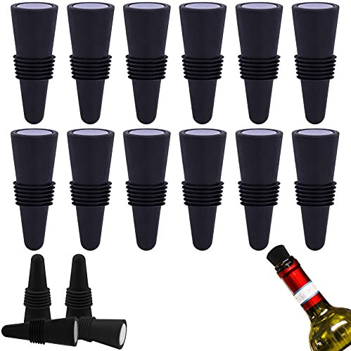 ZOCONE Lot de 12 bouchons en silicone pour bouteille de vin avec fond en acier inoxydable, réutilisables, pour stocker la bière champagne (noir)