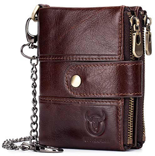 BULLCAPTAIN Echtes Leder Herren Geldbörse mit Diebstahlschutzkette, große Kapazität, doppelter Reißverschluss, RFID-Münzgeldbörse mit 2 Ausweisfenstern, braun, 4.72x3.54'x0.98, Classic