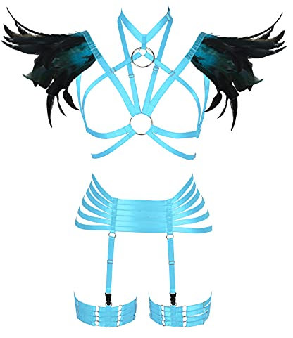 Damen Feder Körper Brustgeschirr Engelsflügel Punk Strappy Tops Epaulet Rave Taille Strumpfband Gürtel Übergröße Halloween Kleidung, Himmelblau lang, Einheitsgröße