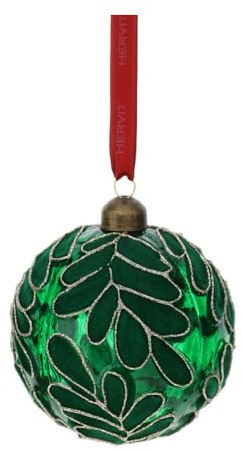 Hervit Sfera Verde Vetro Soffiato Trasparente con Foglie in Velluto con Glitter Oro - Scatola Regalo - 2 Dimensioni 2 Colori - Palla Addobbo Albero Natale - Decorazione Natalizia - Ø10cm