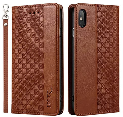 LOLFZ Case for iPhone X iPhone XS, Leather Flip Wallet Case Card Slots Kickstand Wrist Strap Protective Magnetic Phone Case Cover for Apple iPhone X/iPhone XS - Brown