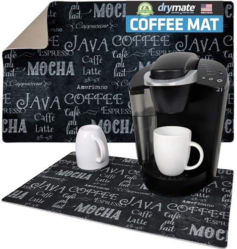 Drymate Coffee Maker Mat, (Coffee Station Bar Accessory) Protects Kitchen Countertops from Spills, Stains & Scratches - Absorbent/Waterproof/Machine Washable (USA Made) (12” x 20”) (Java Chalkboard)