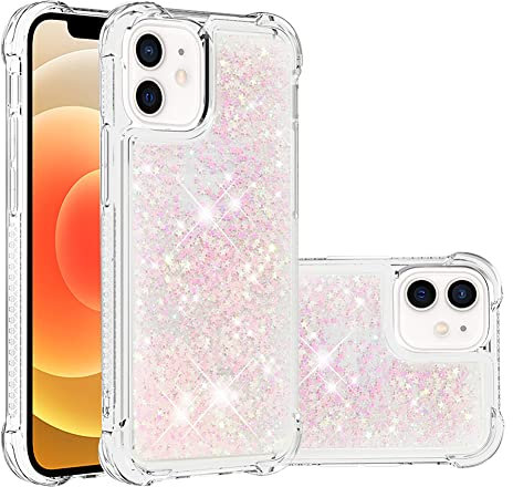 IMEIKONST Compatible with iPhone 12 Mini Glitter Case, Liquid Sparkle Quicksand Clear Transparent Sequin Girls Slim TPU Bumper Silicone Shockproof Cover for iPhone 12 Mini. Star Pink YBW