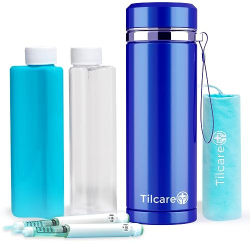 Refroidisseur d'insuline portable Tilcare - 74H Bouteille congélateur réutilisable pour stylo - Grande Coquille de approuvée par TSA - Bouteille d'urgence 14H - Peut contenir jusqu'à 4 stylos