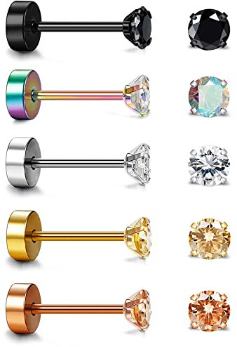 Aroncent Ohrstecker Zirkonia Ohrringe Set: 5 Paar 5mm Herren Damen Ohrstecker Set Klassische Edelstahl Zirkonia Runde Kreis Ohrringe Ohr Piercing Gold Silber Rosagold Schwarz Bunt