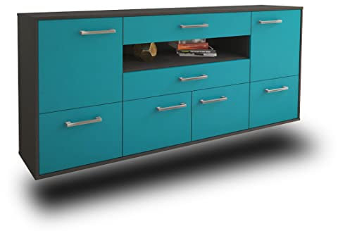 Lqliving Kommode Sideboard McAllen, Korpus in anthrazit matt, Front im trendigem Türkis (180x77x35cm), inkl. Metall Griffen, Wandmontage, Made in Germany