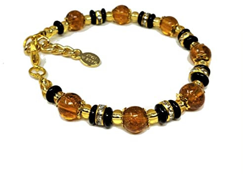 Sospiri Venezia Bracelet Femme composé de 7 Perles en Verre Diamètre 8 mm Bracelet en Verre de Murano Original Bijou Idée Cadeau Made In Italy Certifié, Ambre-Noir