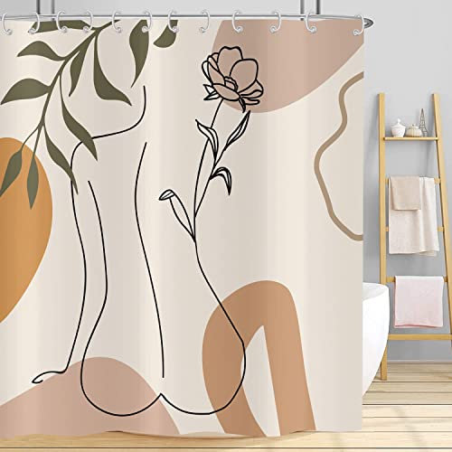 Hnmdmyi Rideau de Douche Femme Abstraite 90x180, Boho Mid Century Rideau de Baignoire Minimaliste Moderne Fleur Plante Esthétique Fille Imperméable Polyester Tissu Lavable Rideau de Bain