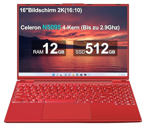 AOCWEI Laptop 16 Zoll 12GB RAM 512GB ROM Erweiterungen 2,5 1 TB SSD, Laptop Win 11 mit 4-Core CPU N5095 (bis zu 2,9 GHz), 1920 * 1200丨5G WiFi丨Bluetooth & Deutsche Tastatur Aufkleber-Rot
