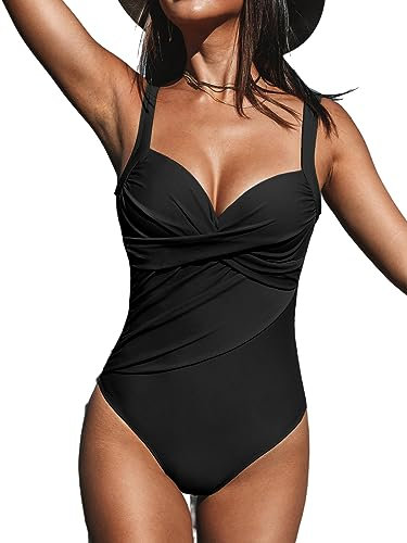 CUPSHE Damen Badeanzug Crossover Raffung Bauchweg Herzausschnitt Breite Träger Einteilige Bademode Swimsuit Schwarz S