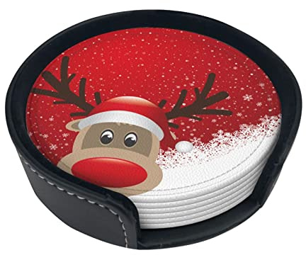 Frohe Weihnachten Niedliche Cartoon Elch Untersetzer Set von 6, Runde Leder Getränkeuntersetzer mit Halter für verschiedene Tassen, Tische, Heimdekoration, 9,9 cm