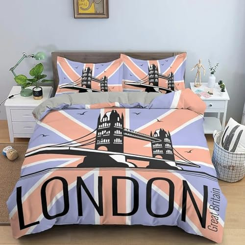 KLJFIGUT Bettwäsche 135x200 London 3 Teilig Bettbezug mit Reißverschluss, Weiche Mikrofaser Bettwäsche-Sets für Kinder - 1 Bettbezüge und 2 Kissenbezug 80x80cm