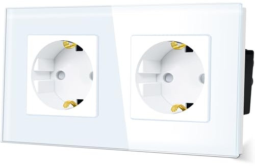 TAWOIA Schuko Steckdose,EU-Standard 2 Fach Steckdose Glas Unterputz Steckdose,Steckdosen mit Kristall Glas Platte Doppel Wandsteckdosen Weiß 86 * 157mm