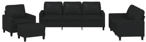 vidaXL Sofagarnitur 4-TLG., Sessel Couch mit Kissen Fußhocker, Sofa Wohnzimmersofa mit Armlehnen, Couchgarnitur Designsofa Sitzmöbel Polstermöbel, Schwarz Kunstleder